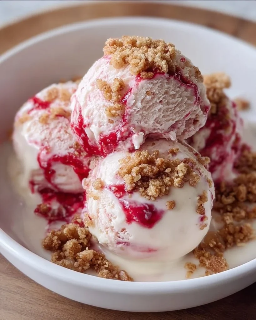 Rhubarb crumble ice cream served in a bowl with a crispy crumble topping