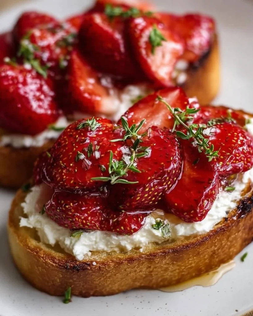 Roasted strawberry whipped ricotta toast topped with fresh strawberries