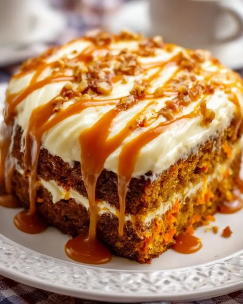 Slice of Salted Caramel Carrot Cake topped with creamy frosting and caramel drizzle
