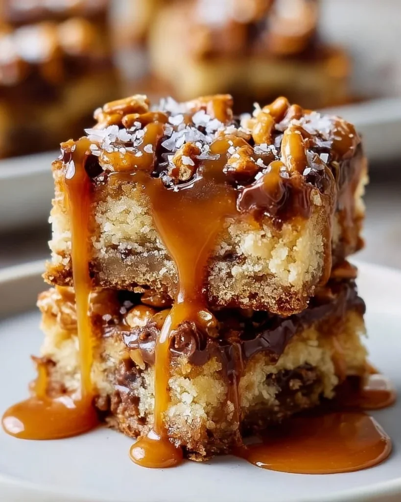 Delicious salted caramel pretzel blondies topped with sea salt
