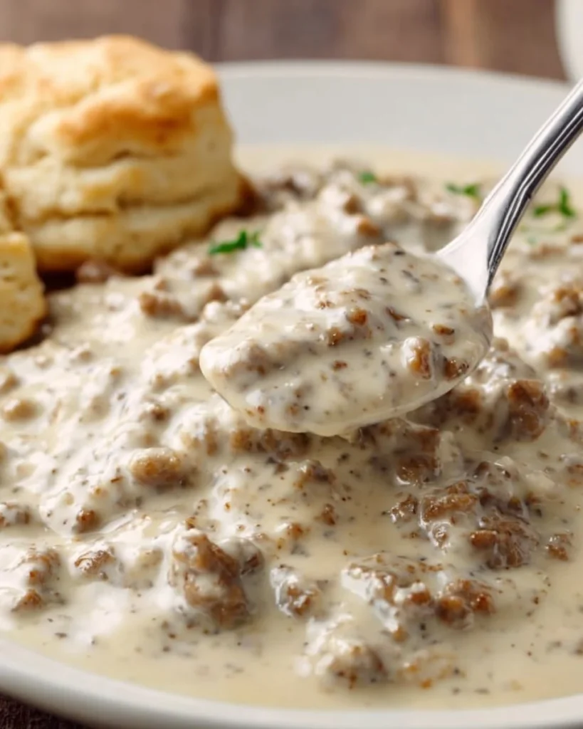 Delicious homemade sausage gravy served over biscuits