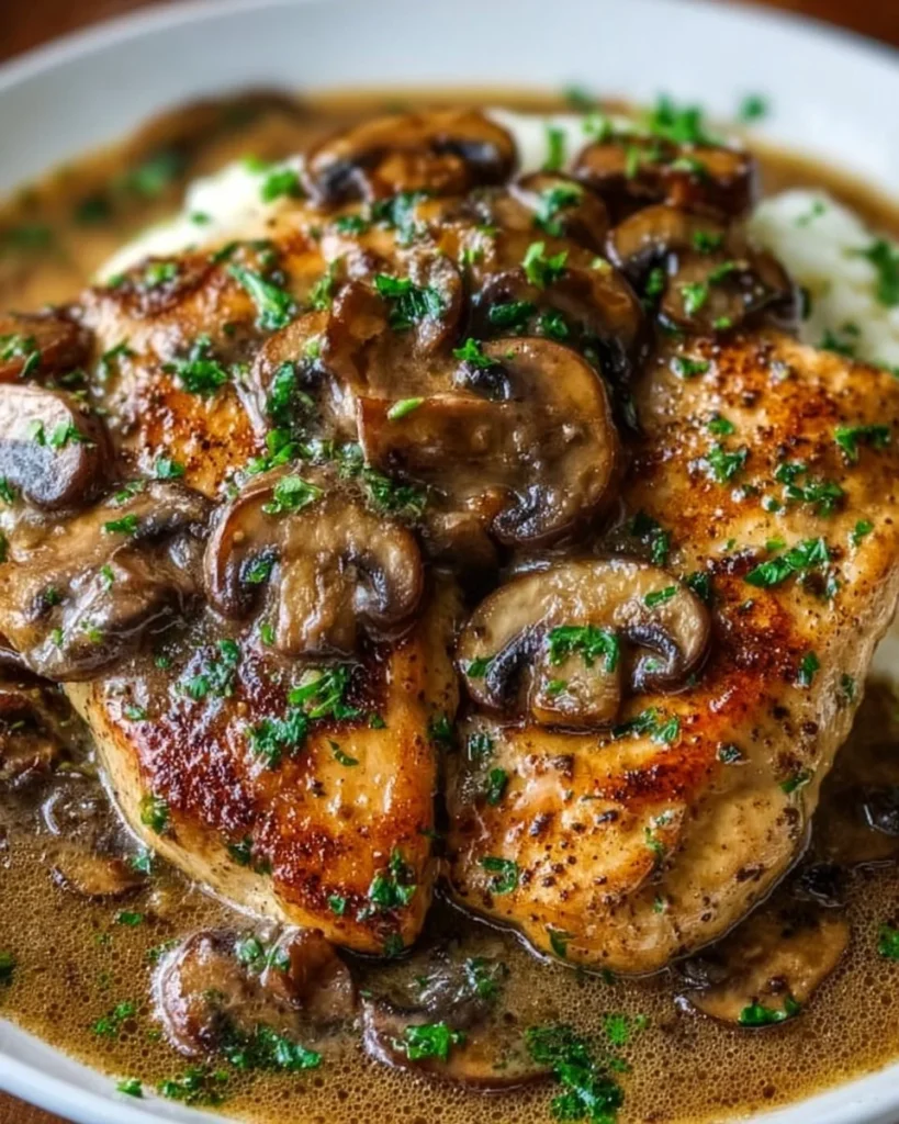 Delicious Chicken Marsala served in rich mushroom sauce on a plate