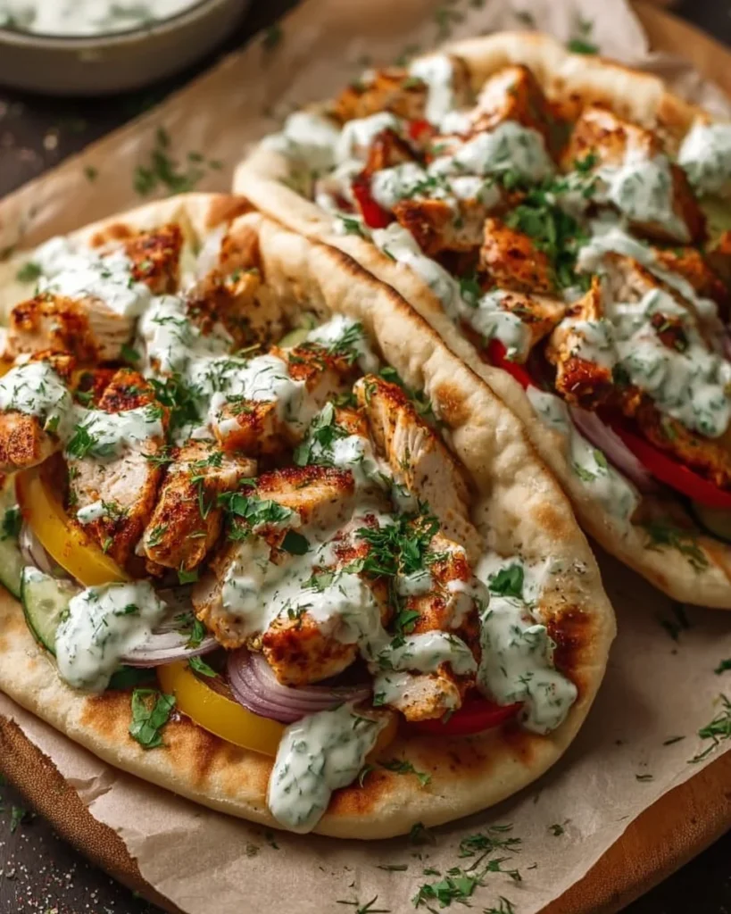 Delicious Sheet Pan Chicken Pitas garnished with Herby Ranch dressing