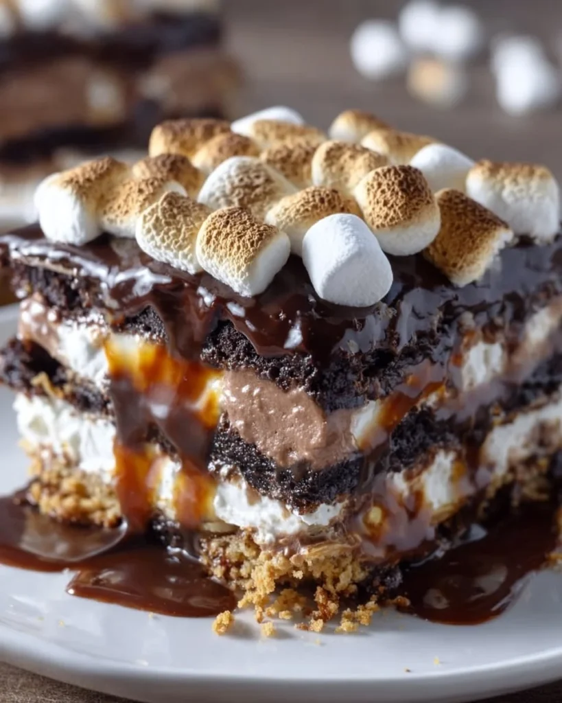 Delicious S'mores Lasagna with chocolate, marshmallows, and graham crackers