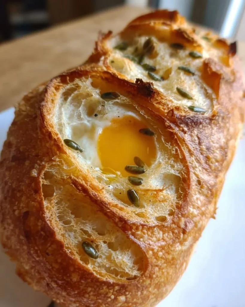 Freshly baked sourdough loaf drizzled with olive oil and topped with egg