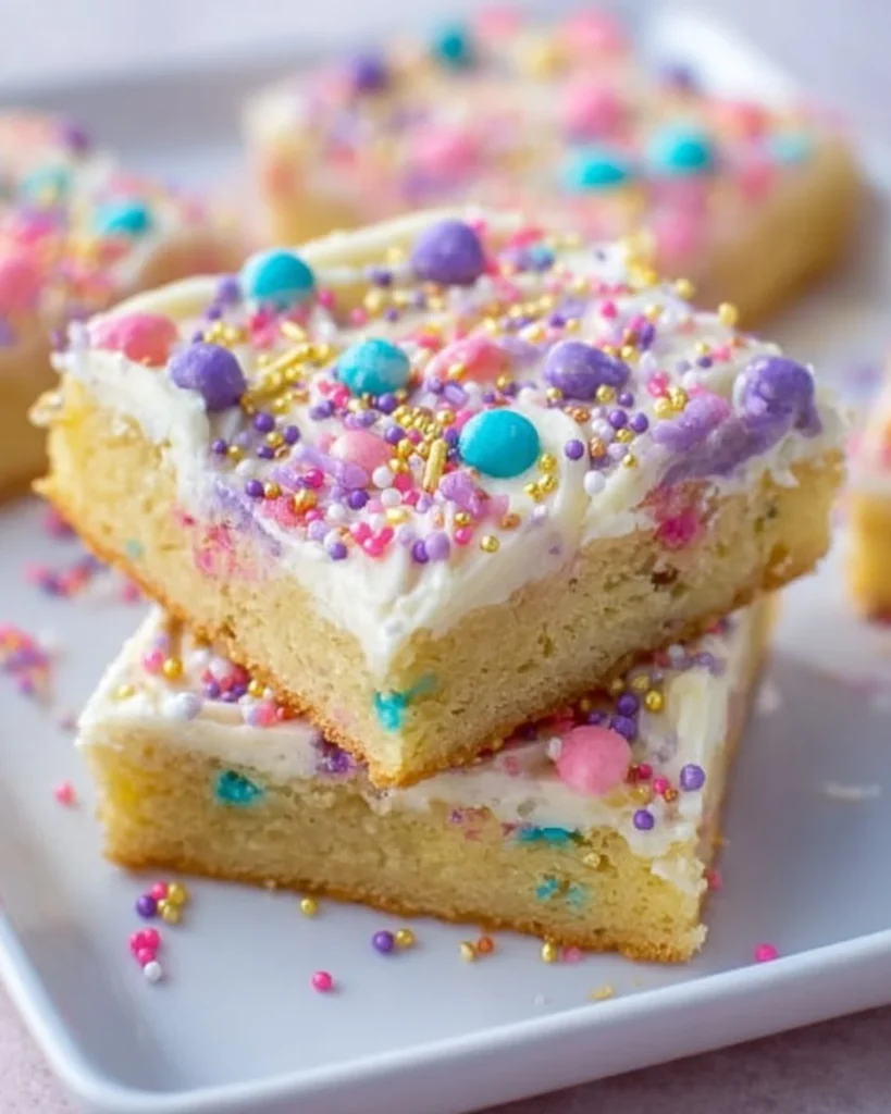 Springtime sugar cookie bars topped with cream cheese frosting on a white plate.