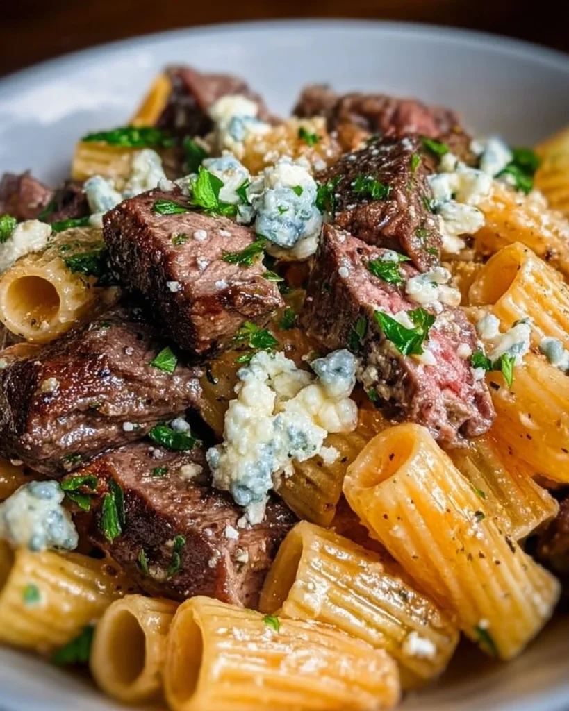 Delicious Steak & Blue Cheese Rigatoni Bake ready to be served