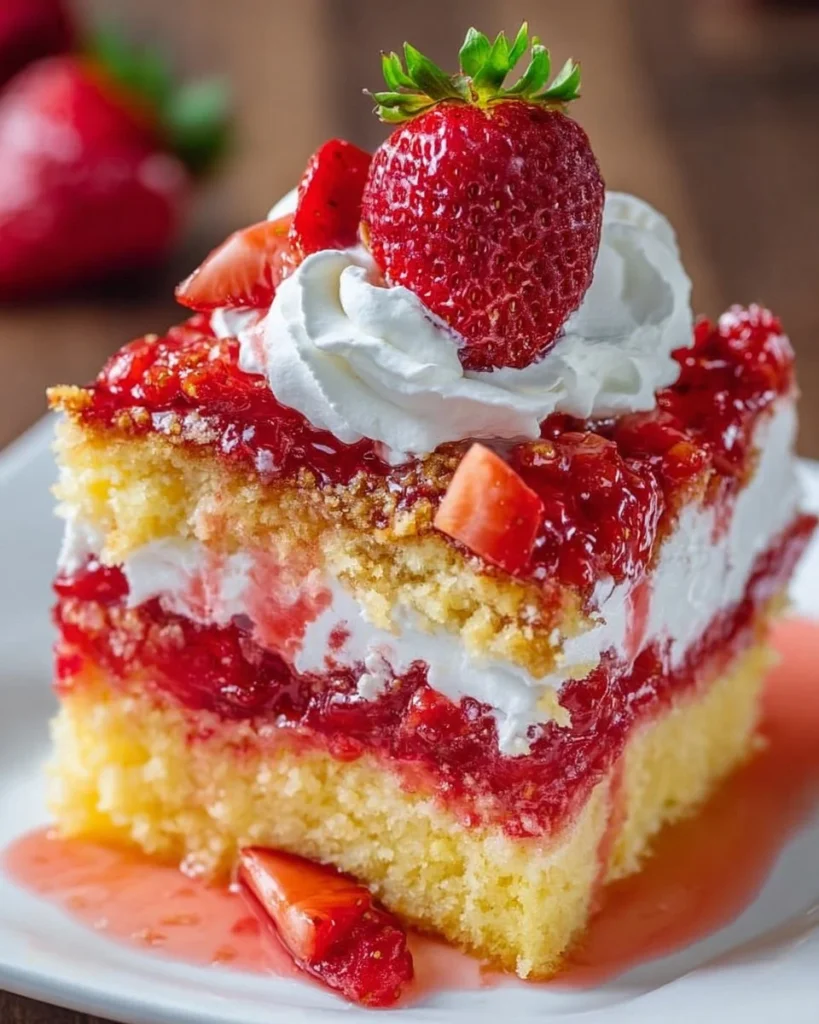 Delicious strawberry poke cake topped with fresh strawberries and whipped cream