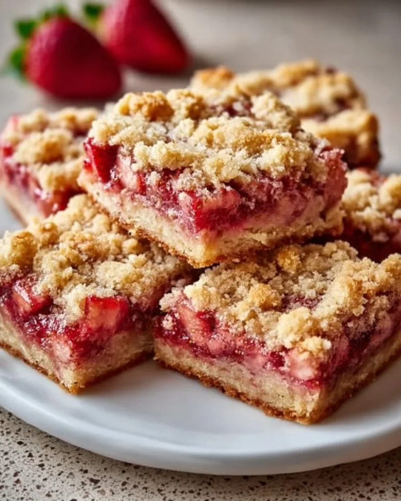 Delicious strawberry rhubarb crumb bars fresh out of the oven