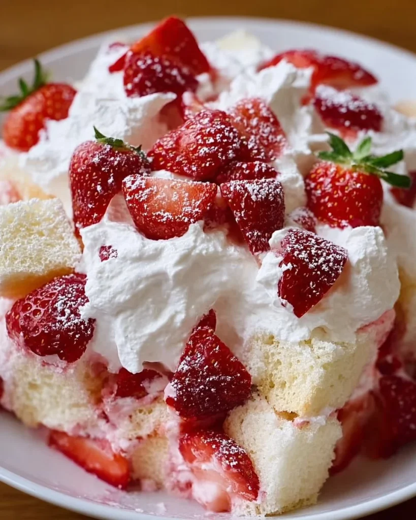 Strawberry Shortcake Fluff Salad with fresh strawberries and whipped cream