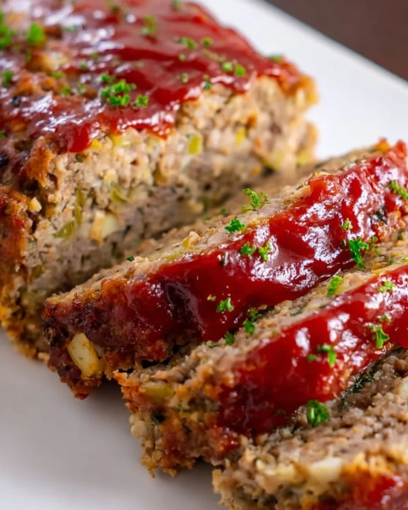 Delicious stuffed meatloaf ready to serve with gravy and vegetables.