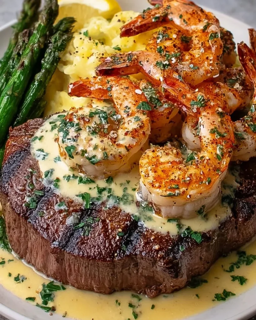 Delicious Surf and Turf with Creamy Garlic Sauce served on a plate