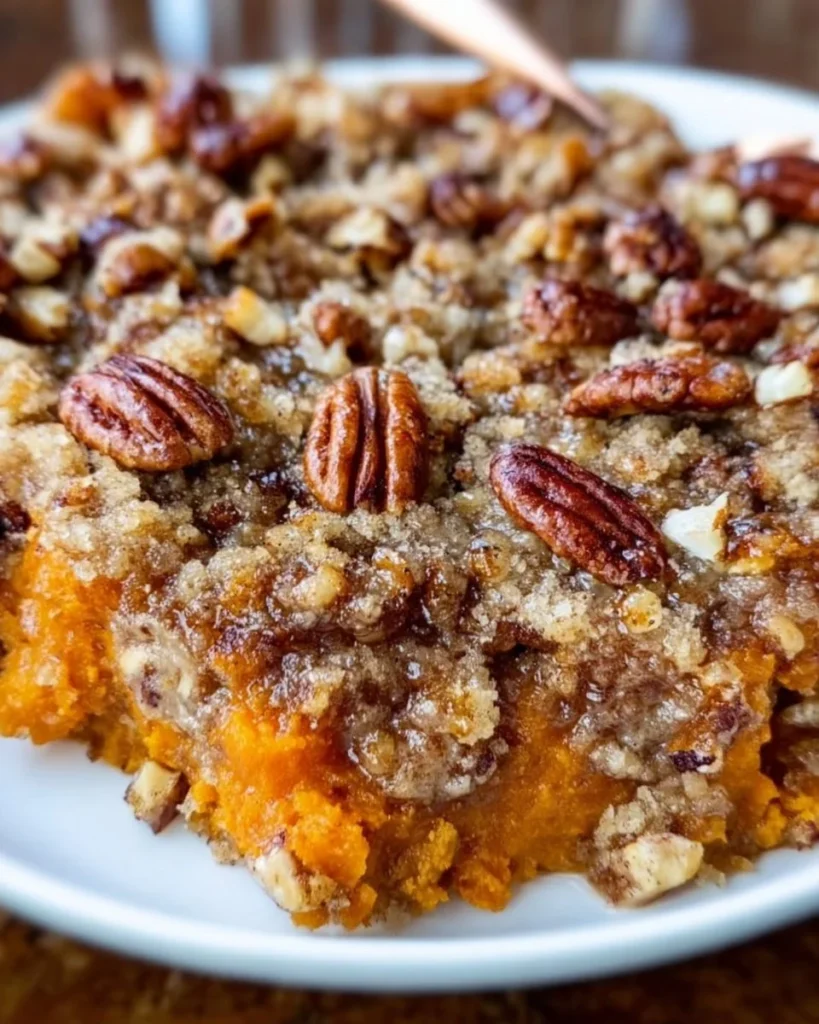 Sweet potato casserole topped with butter pecan crumble in a baking dish