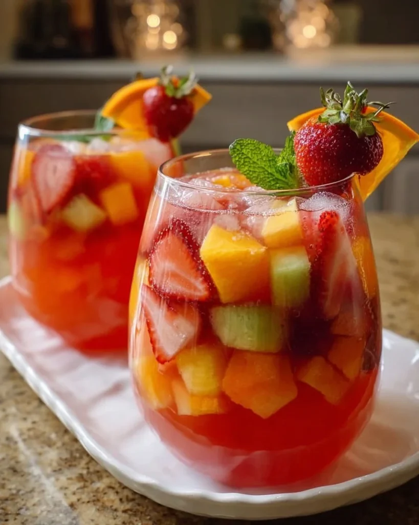A refreshing Easter punch in a glass, garnished with fruit, ready for spring celebrations.