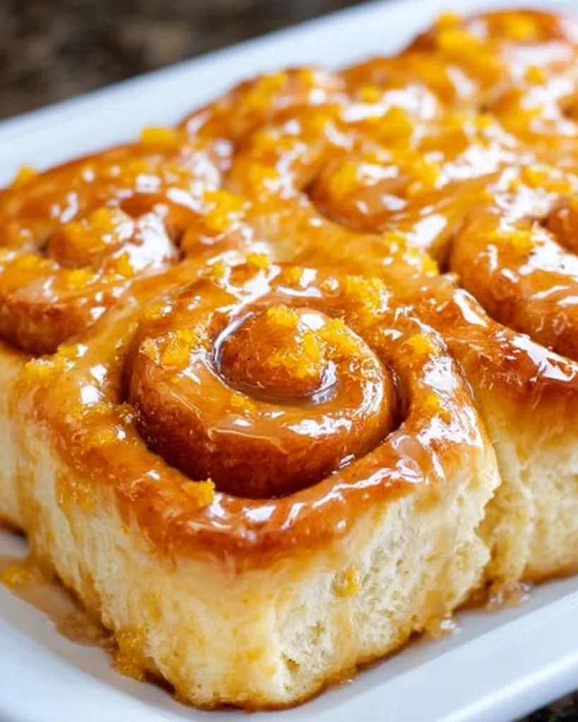 Delicious glazed orange rolls topped with a sweet orange icing