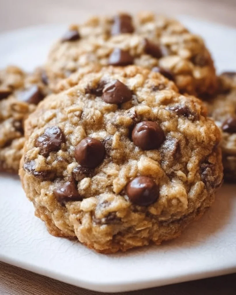 Delicious plate of fresh oatmeal chocolate chip cookies with oats and chocolate chunks