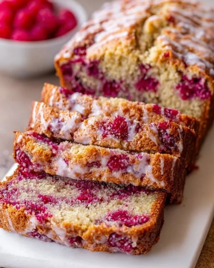 Freshly baked raspberry bread with a golden crust and vibrant raspberry filling