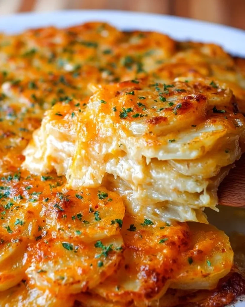 Delicious three cheese scalloped potatoes baked to perfection