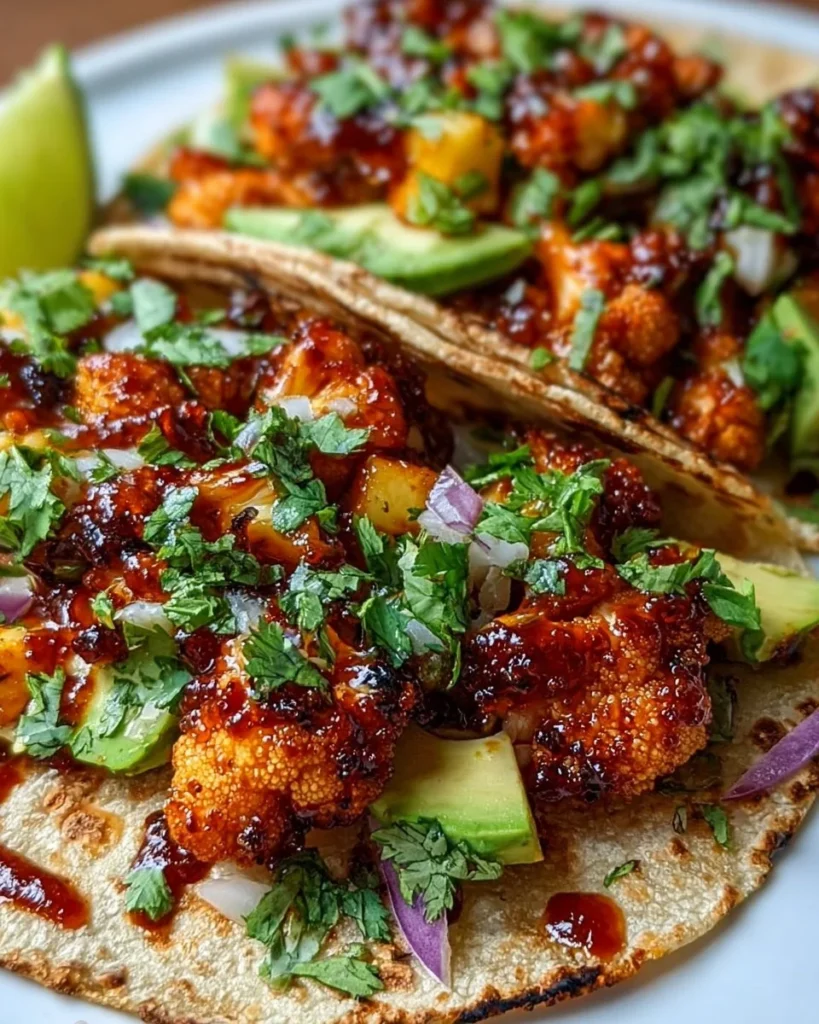 Vegan smoky BBQ cauliflower tacos served with fresh vegetables and sauces