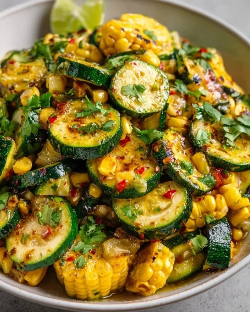 Delicious calabacitas dish with zucchini and corn served on a plate