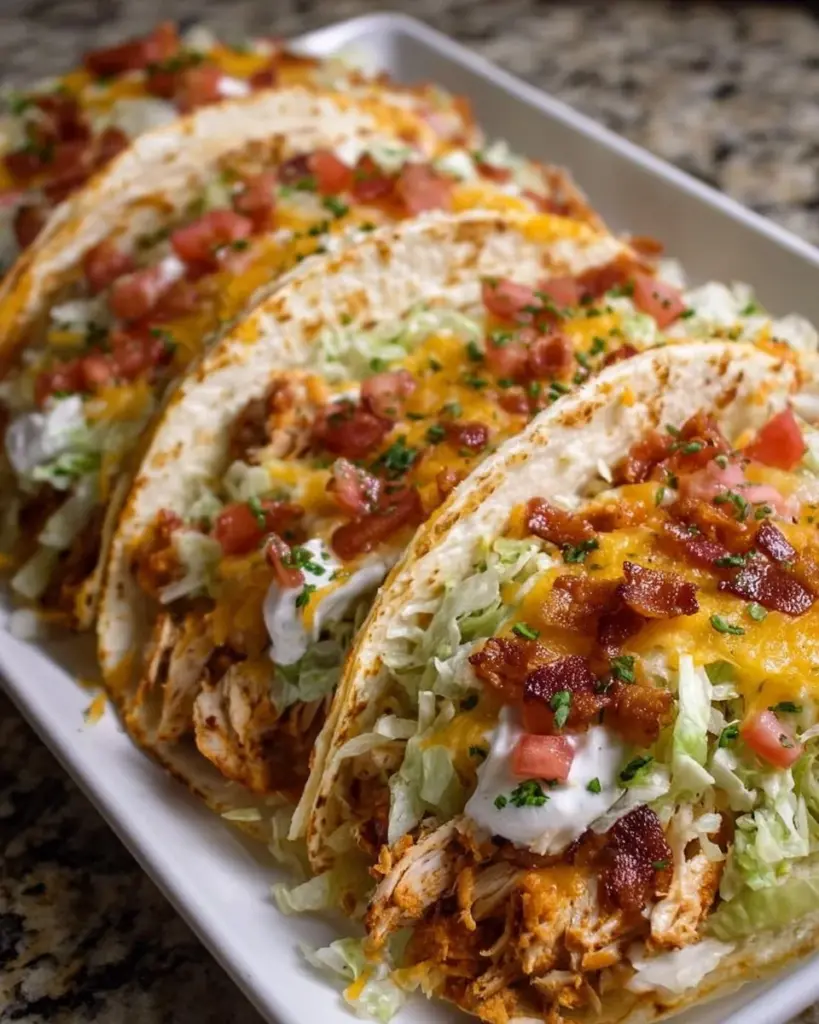 Baked chicken bacon ranch tacos ready to serve on a plate