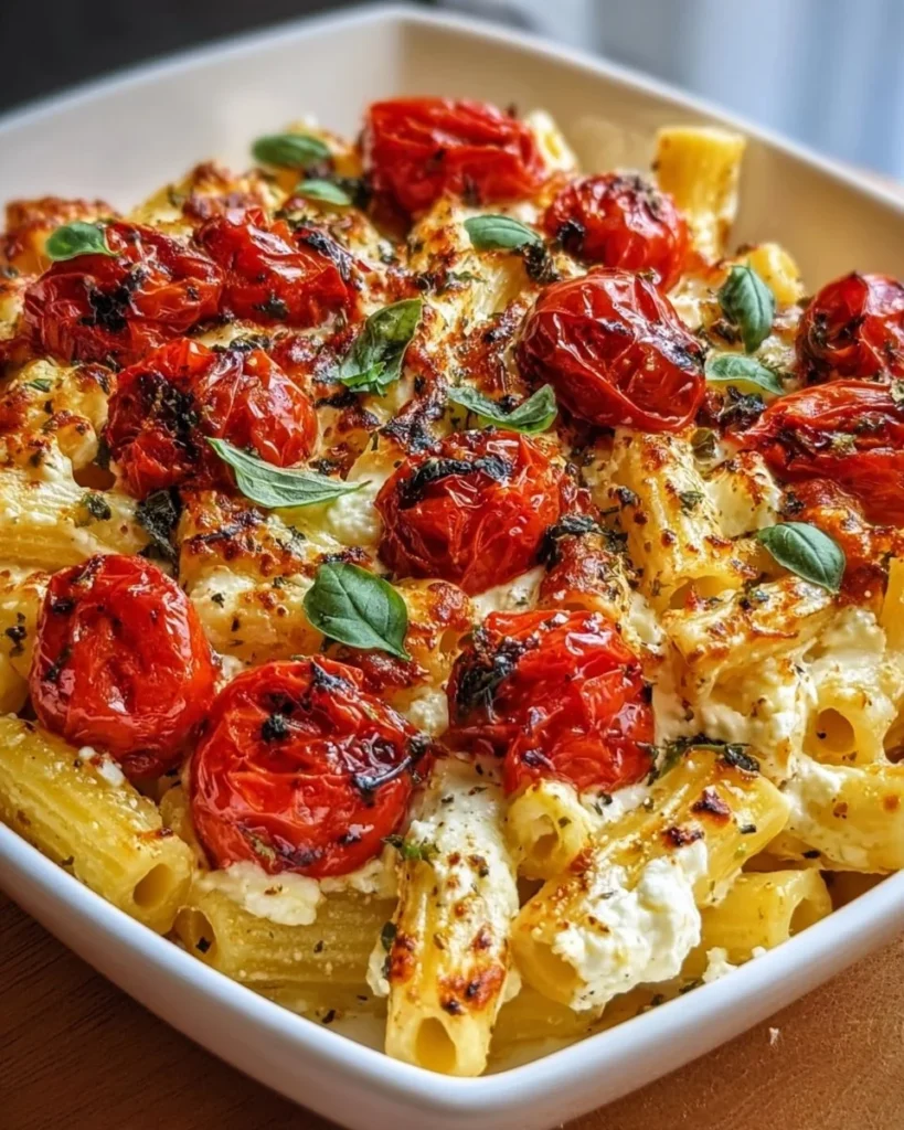 Delicious baked feta pasta dish with tomatoes and herbs