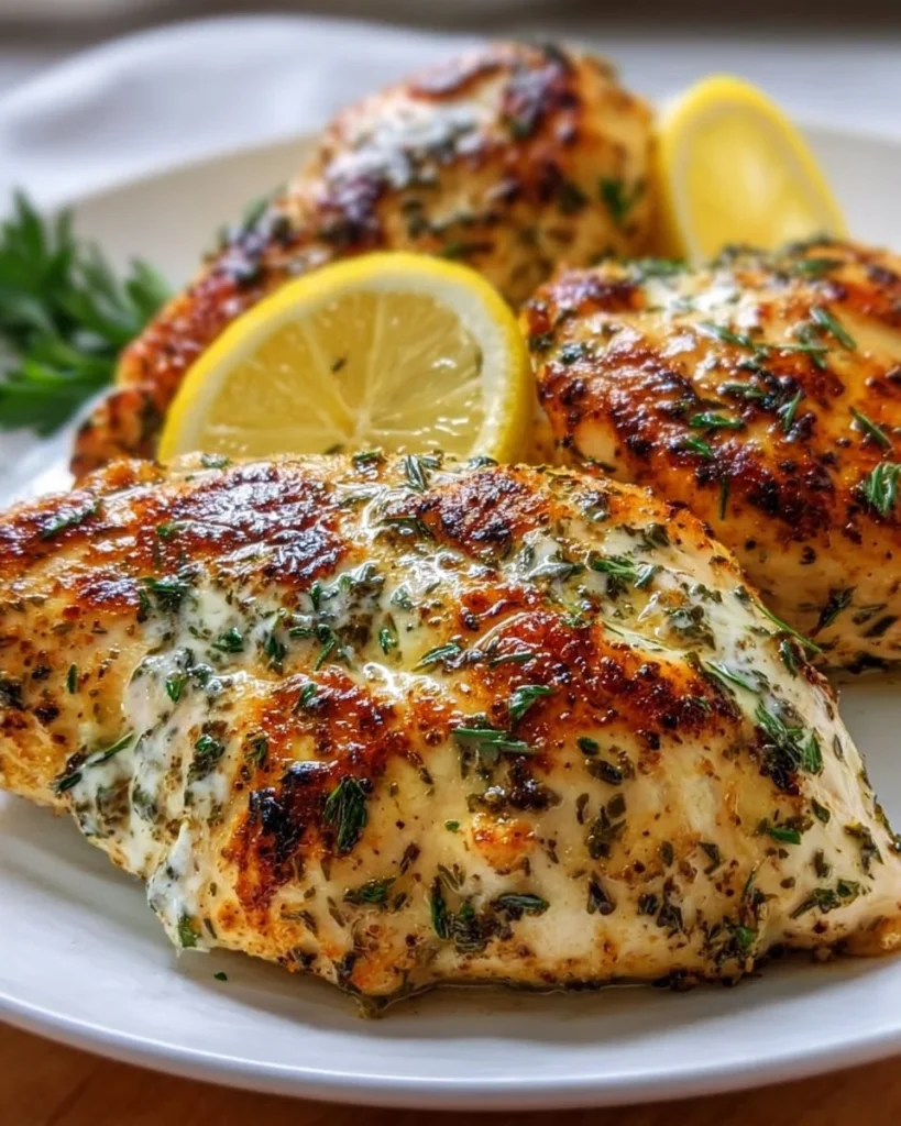 Baked Greek Yogurt Chicken dish garnished and ready to serve