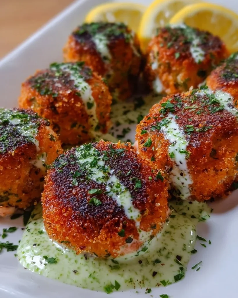 Baked salmon meatballs served with avocado sauce on a plate