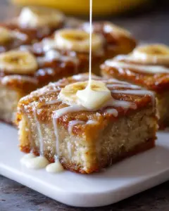 Delicious banana bars with vanilla and browned butter glaze on a plate
