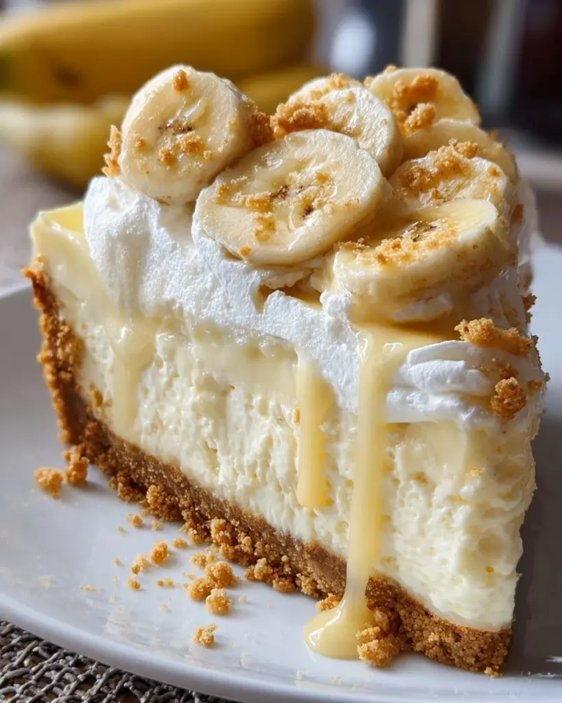 Delicious banana pudding cheesecake topped with whipped cream and bananas.