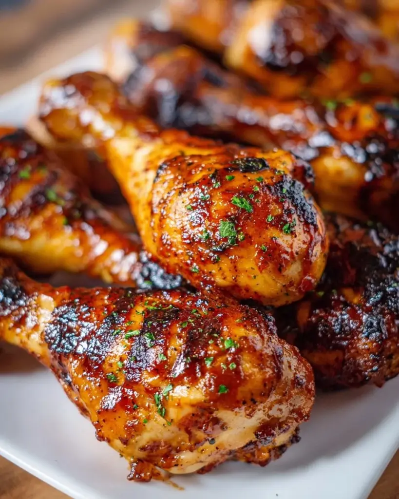 Delicious BBQ grilled drumsticks served on a platter with herbs.