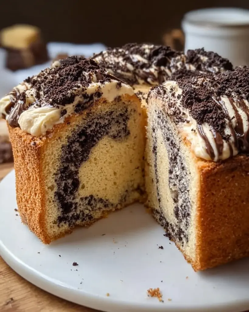 Blondie Oreo Buttermilk Pound Cake slice on a plate