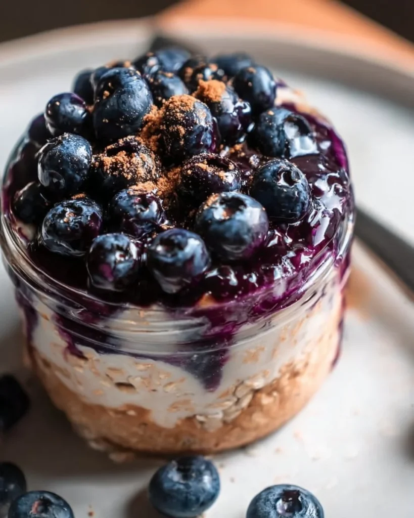 Bowl of blueberry pie overnight oats topped with fresh blueberries