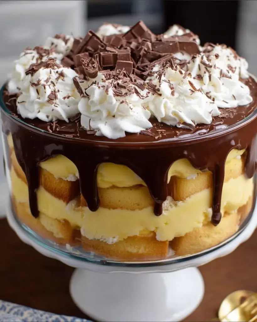 Delicious Boston Cream Pie Trifle with layers of cream and chocolate.