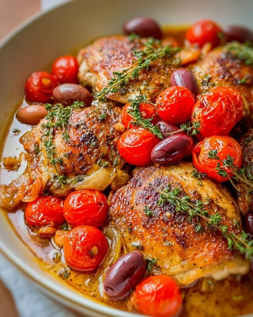 Braised Chicken Provencal served with herbs and vegetables in a rustic dish