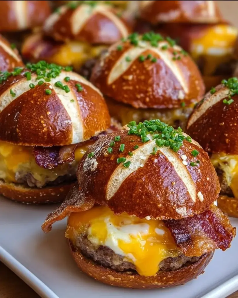 Breakfast sliders served on soft pretzel buns, perfect for brunch.