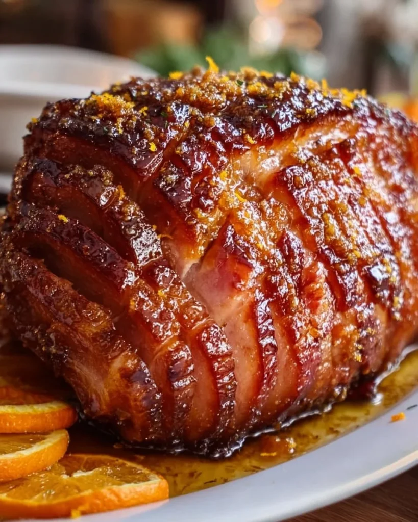 Delicious brown sugar glazed ham with a honey orange glaze drizzled on top.