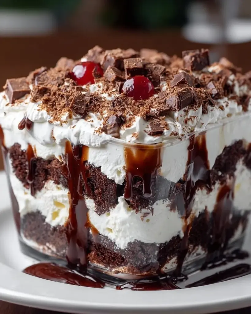 Delicious Brownie Trifle dessert layered with brownies and cream