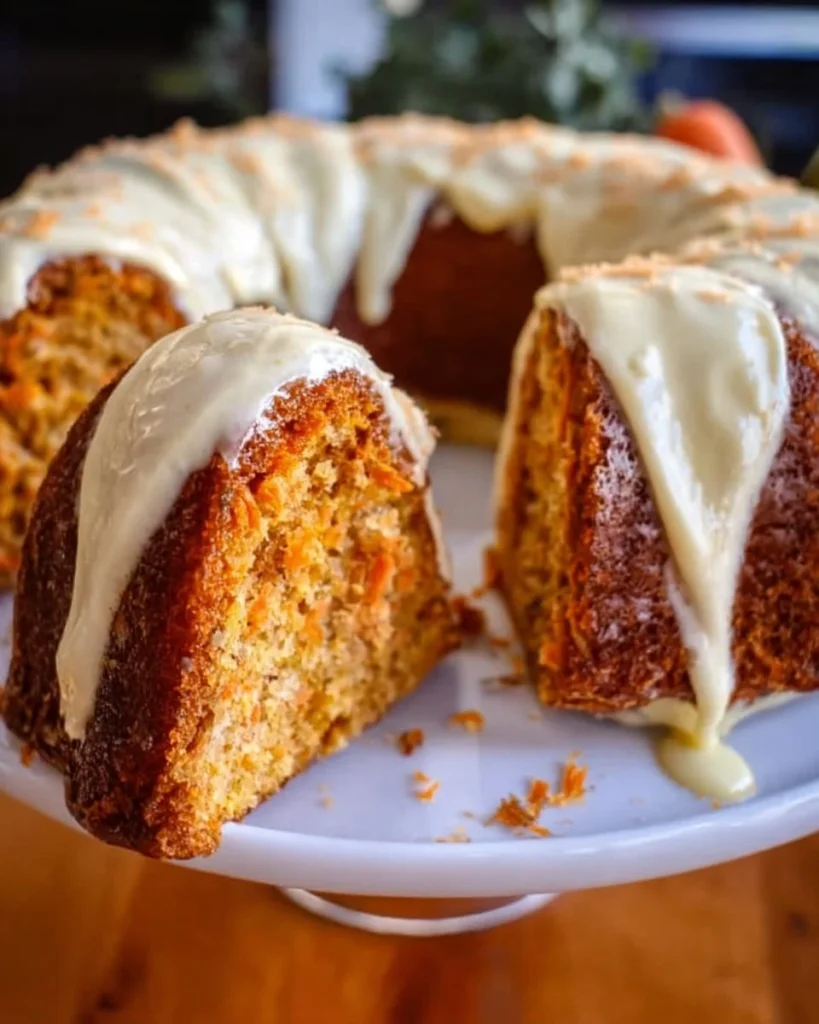 Deliciously moist Carrot Bundt Cake filled with creamy cream cheese