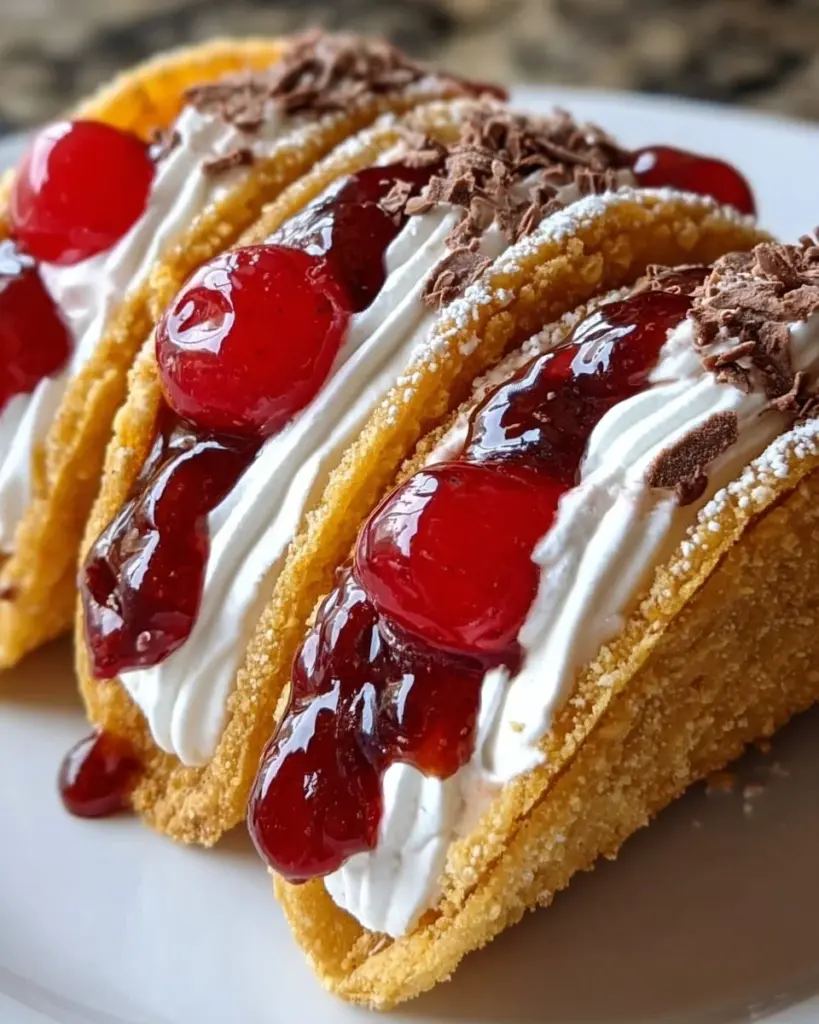 Delicious cherry cheesecake tacos served on a plate