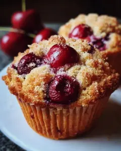 Freshly baked cherry cobbler muffins on a rustic wooden table