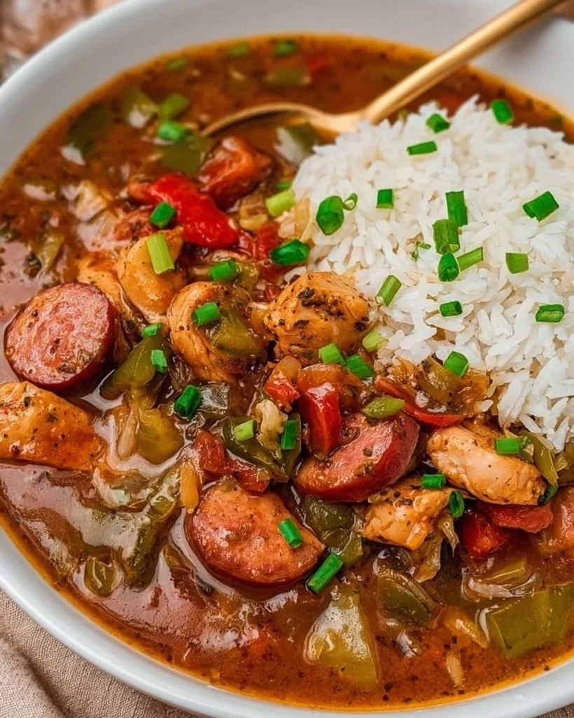 Delicious Chicken Gumbo with Andouille Sausage served in a bowl