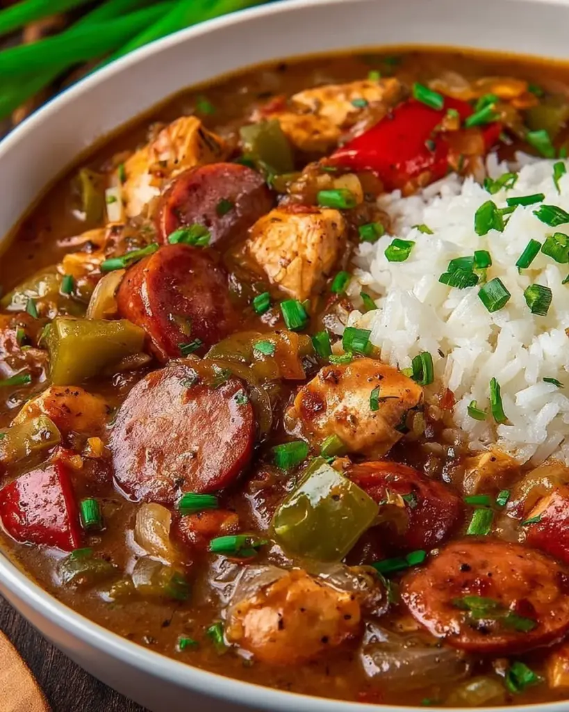Delicious chicken gumbo with andouille sausage served in a bowl