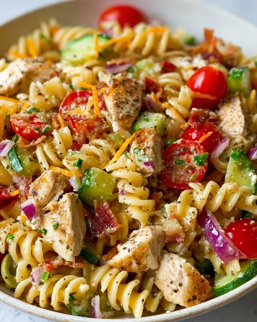 Colorful Chicken Pasta Salad with fresh vegetables and dressing