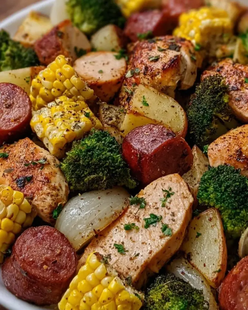 Chicken, sausage, potatoes, broccoli, and corn in foil packets ready for cooking.