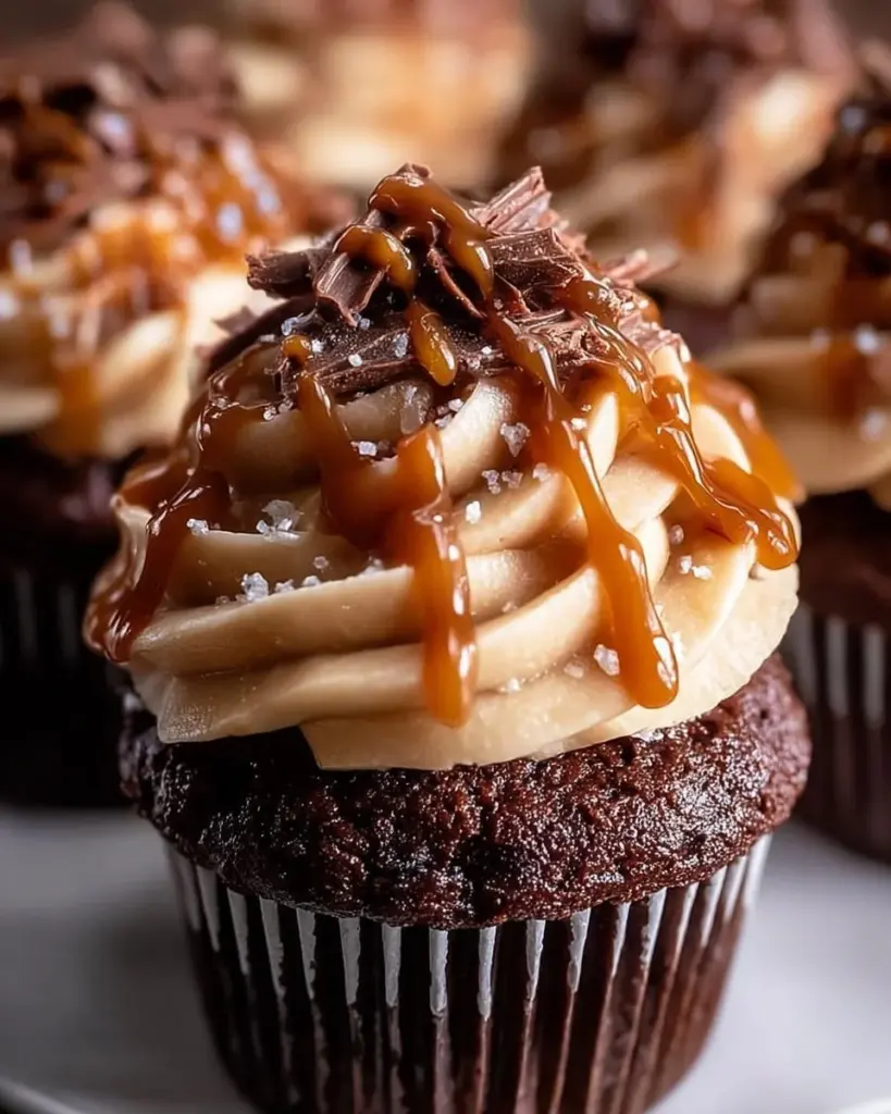 Decadent Chocolate Espresso Cupcakes with Salted Caramel Buttercream on a plate