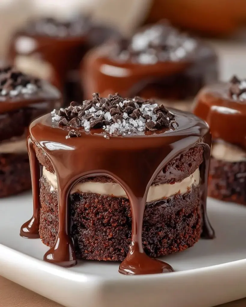 Chocolate ganache mini cakes topped with rich chocolate glaze