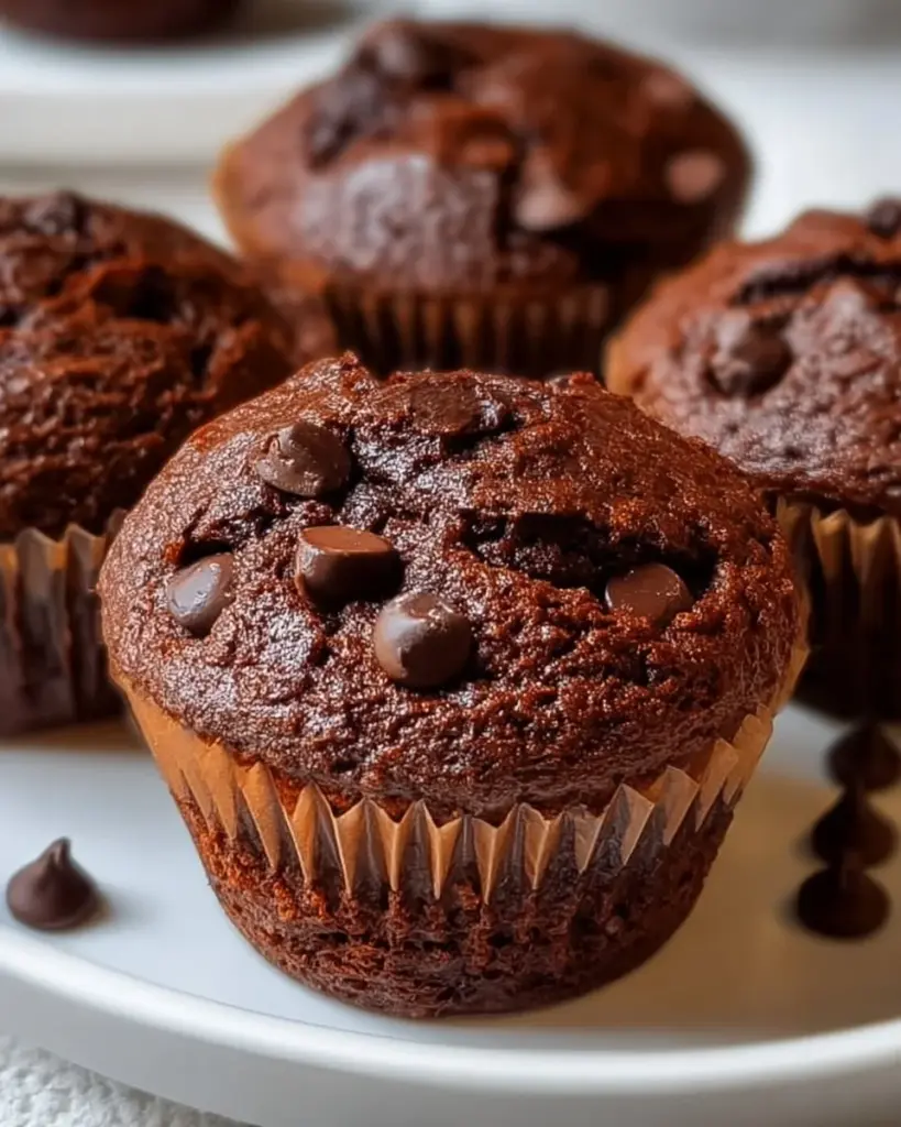 Freshly baked chocolate sourdough muffins with a rich chocolate flavor