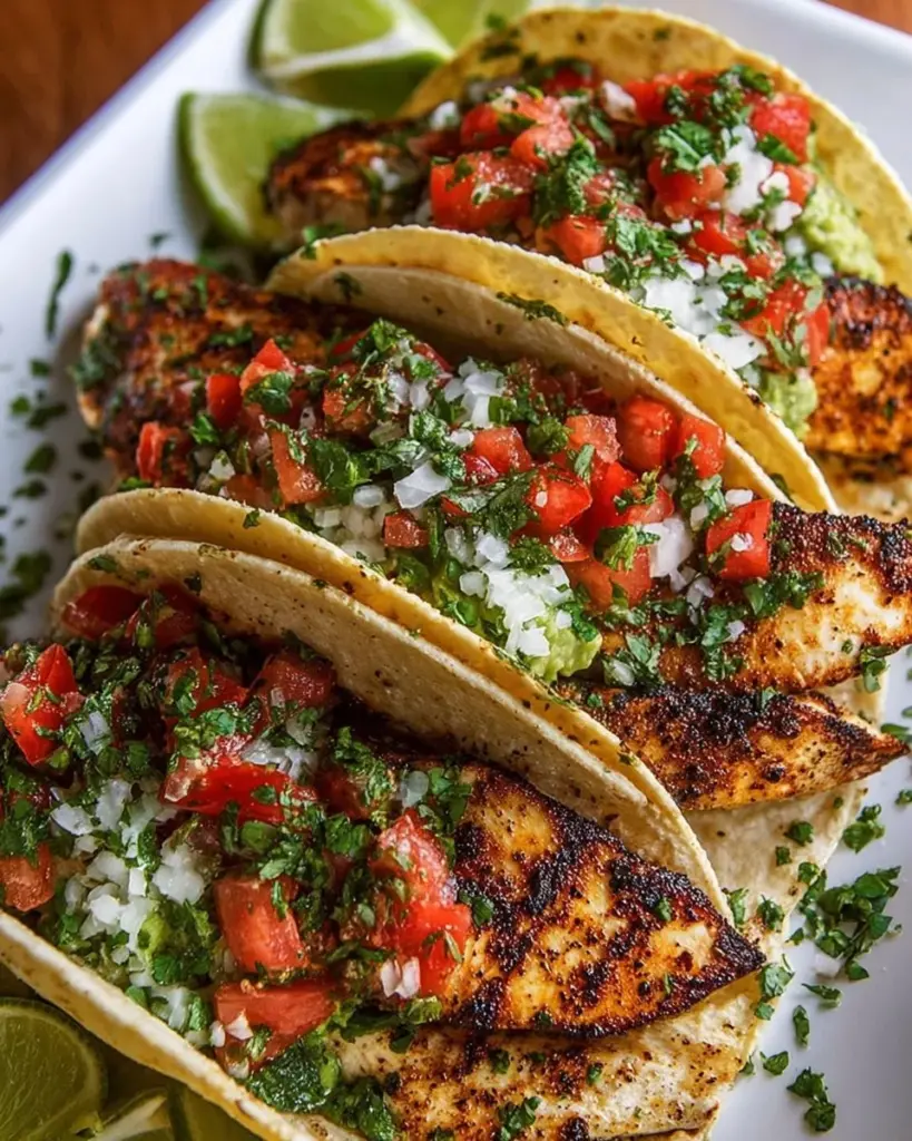 Cilantro Lime Grilled Chicken Tacos on a plate with fresh toppings