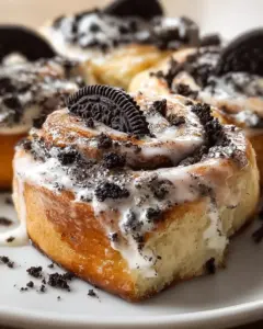 Delicious cookies and cream cinnamon rolls topped with icing